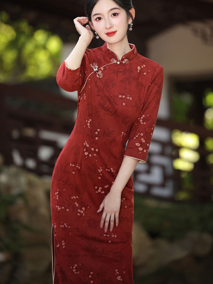 Winter Floral Print Suede Cheongsam Qipao Dress