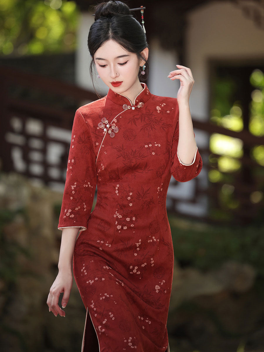 Winter Floral Print Suede Cheongsam Qipao Dress