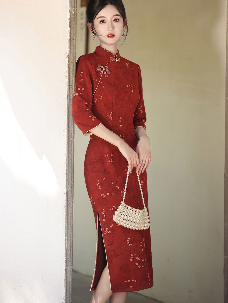 Winter Floral Print Suede Cheongsam Qipao Dress