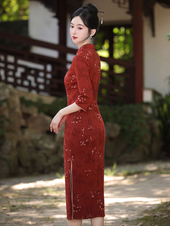 Winter Floral Print Suede Cheongsam Qipao Dress