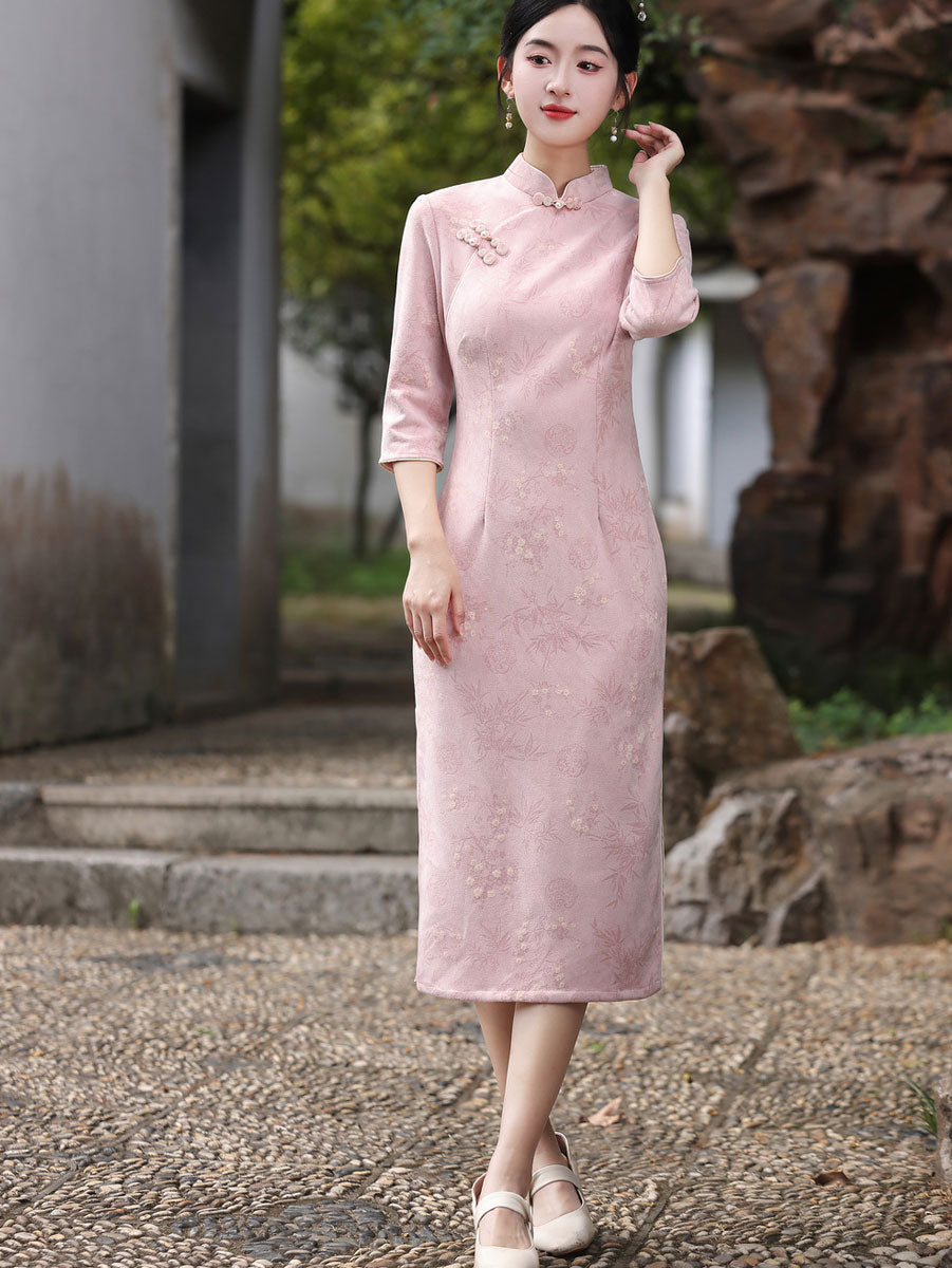 Winter Floral Print Suede Cheongsam Qipao Dress