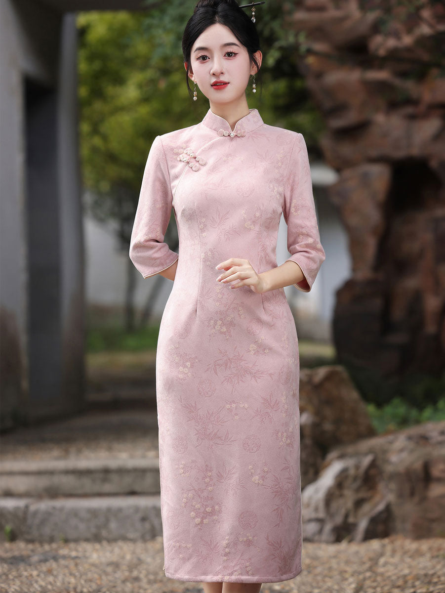 Winter Floral Print Suede Cheongsam Qipao Dress