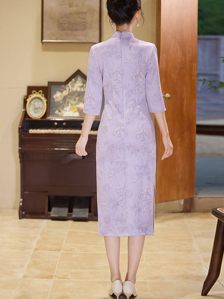 Winter Floral Print Suede Cheongsam Qipao Dress - IMALLURE S / Purple Winter Floral Print Suede Cheongsam Qipao Dress - IMALLURE S / Purple