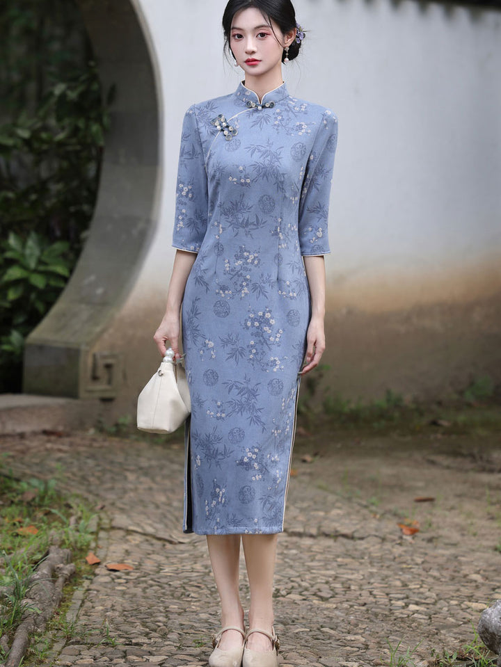 Winter Floral Print Suede Cheongsam Qipao Dress