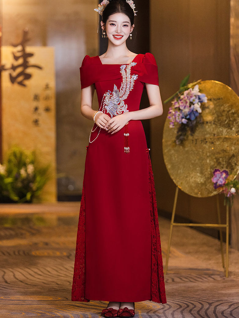 Red Square Neck Phoenix A-Line Bridal Wedding Dress