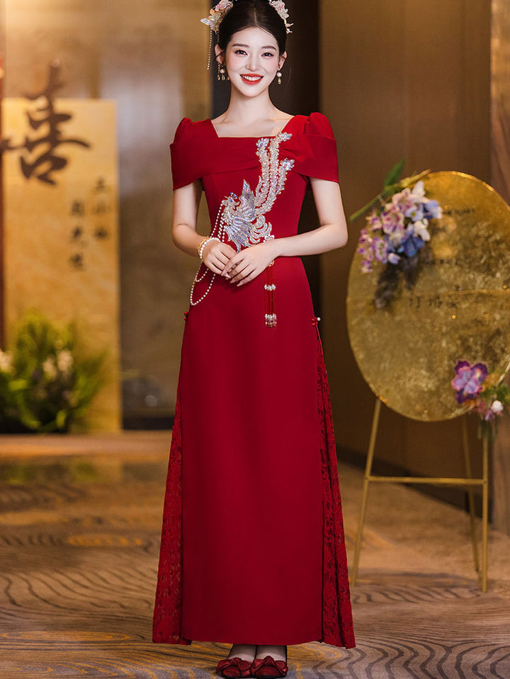 Red Square Neck Phoenix A-Line Bridal Wedding Dress