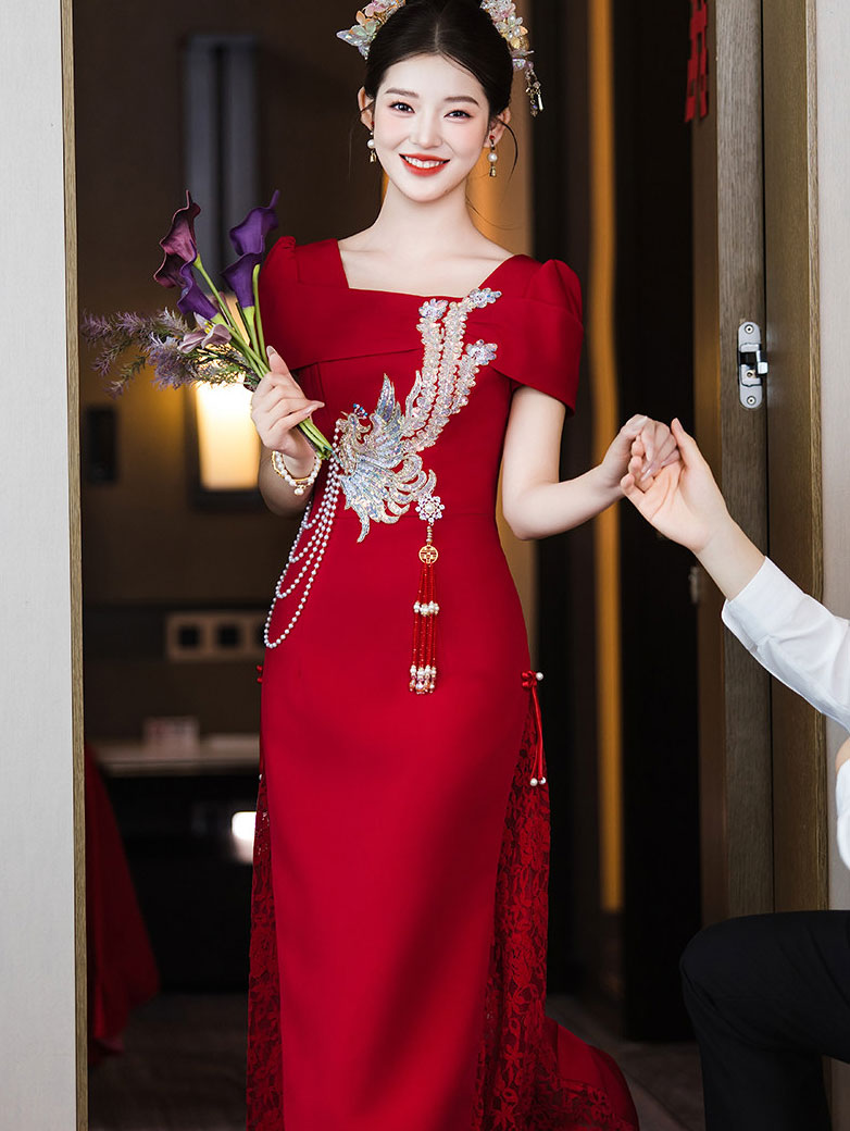 Red Square Neck Phoenix A-Line Bridal Wedding Dress