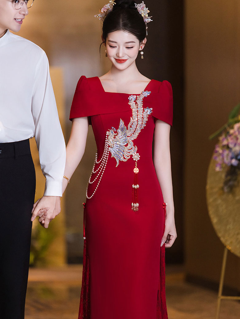 Red Square Neck Phoenix A-Line Bridal Wedding Dress