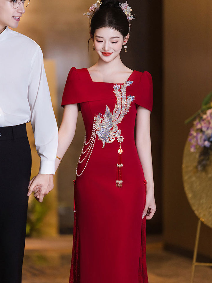 Red Square Neck Phoenix A-Line Bridal Wedding Dress