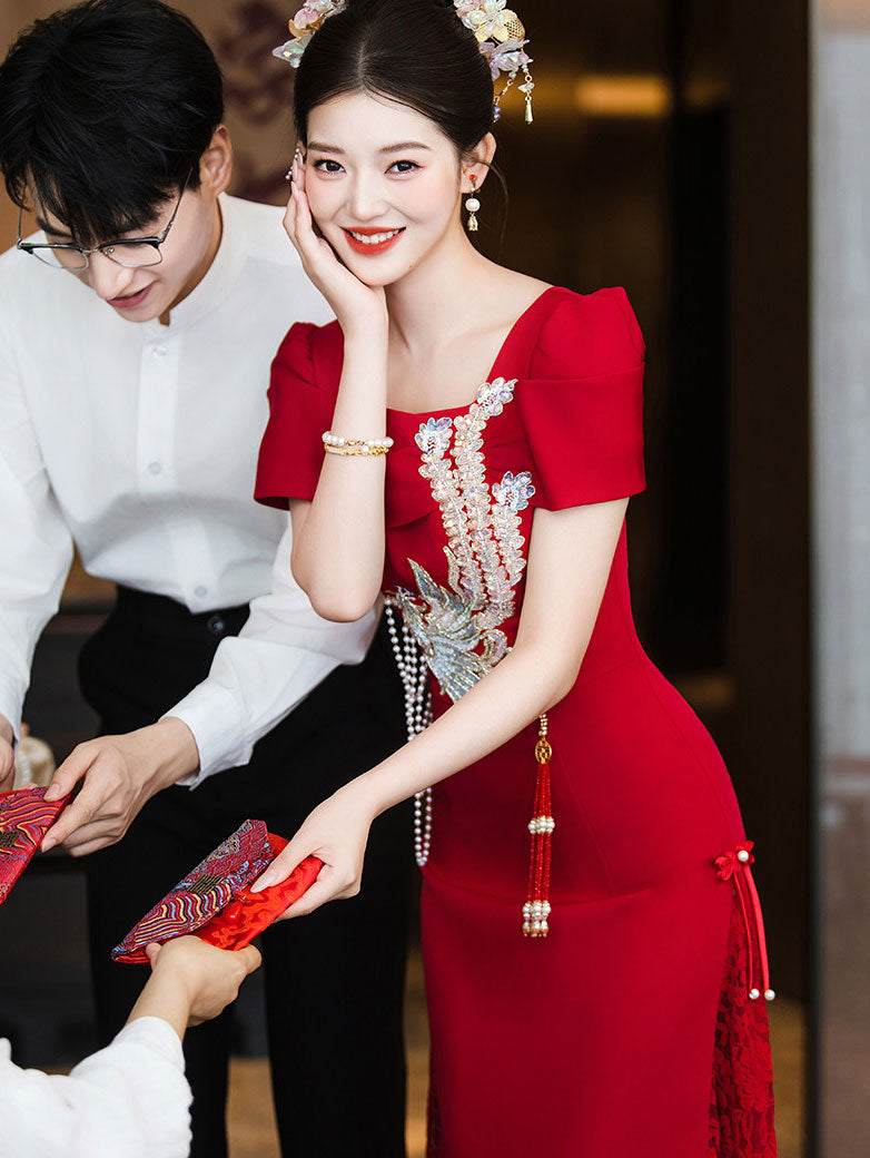 Red Square Neck Phoenix A-Line Bridal Wedding Dress