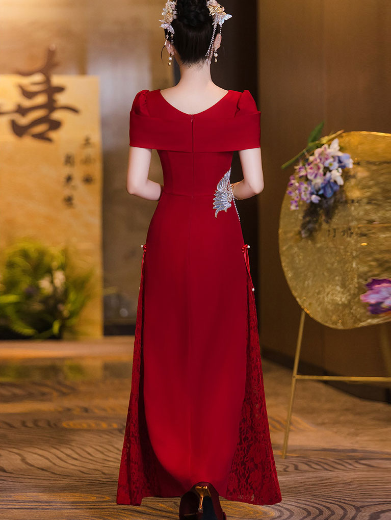 Red Square Neck Phoenix A-Line Bridal Wedding Dress