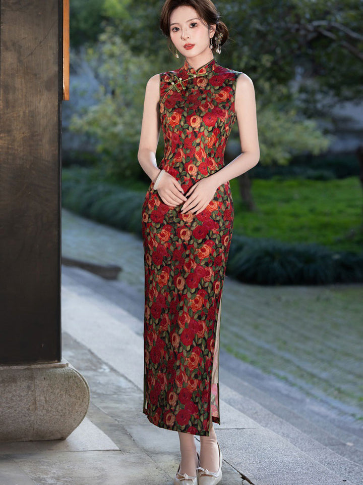 Red Rose Print Sleeveless Cheongsam Qipao Dress