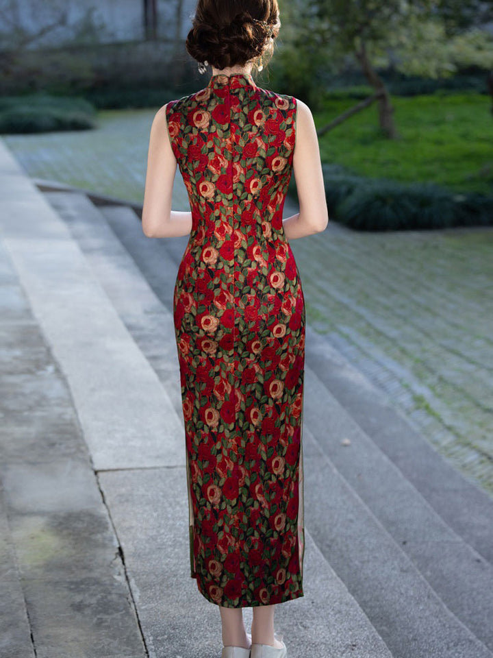 Red Rose Print Sleeveless Cheongsam Qipao Dress