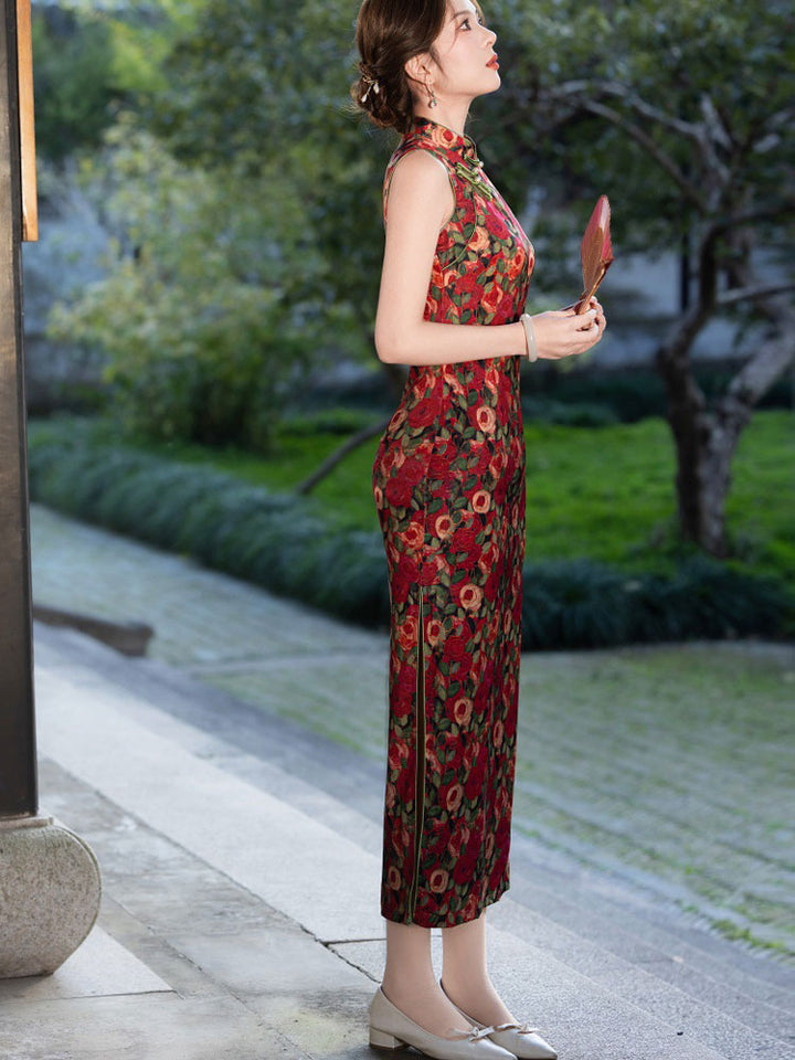 Red Rose Print Sleeveless Cheongsam Qipao Dress