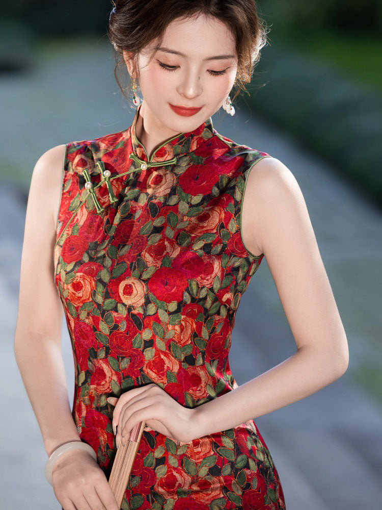 Red Rose Print Sleeveless Cheongsam Qipao Dress