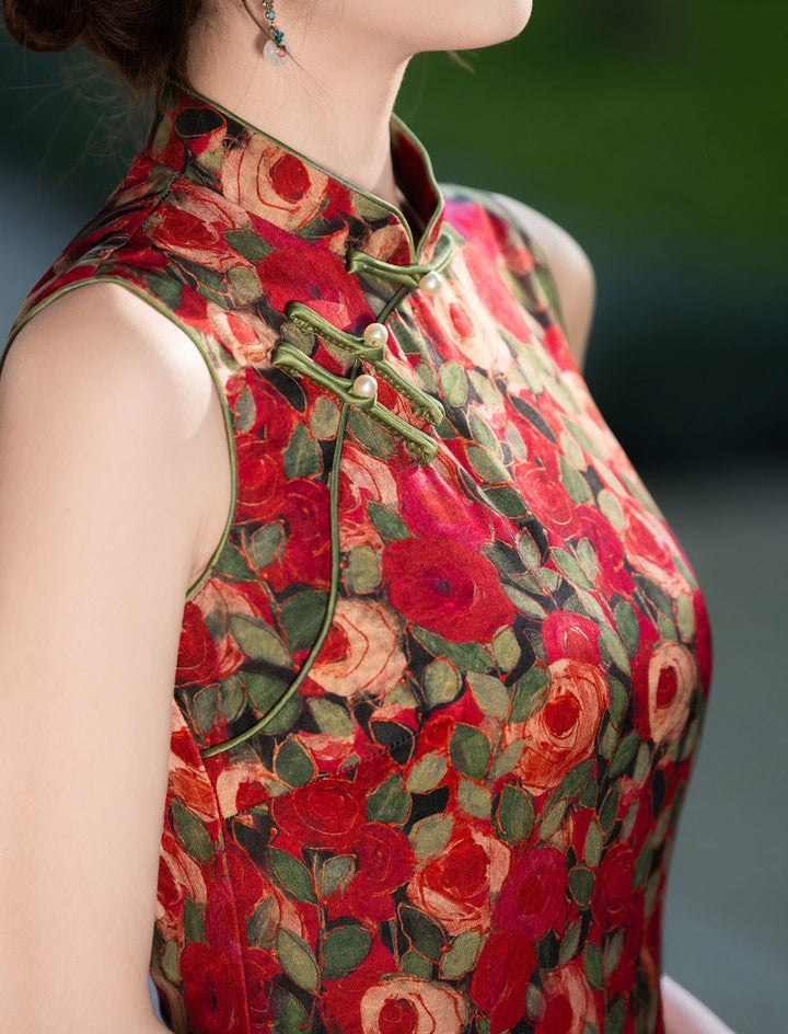 Red Rose Print Sleeveless Cheongsam Qipao Dress