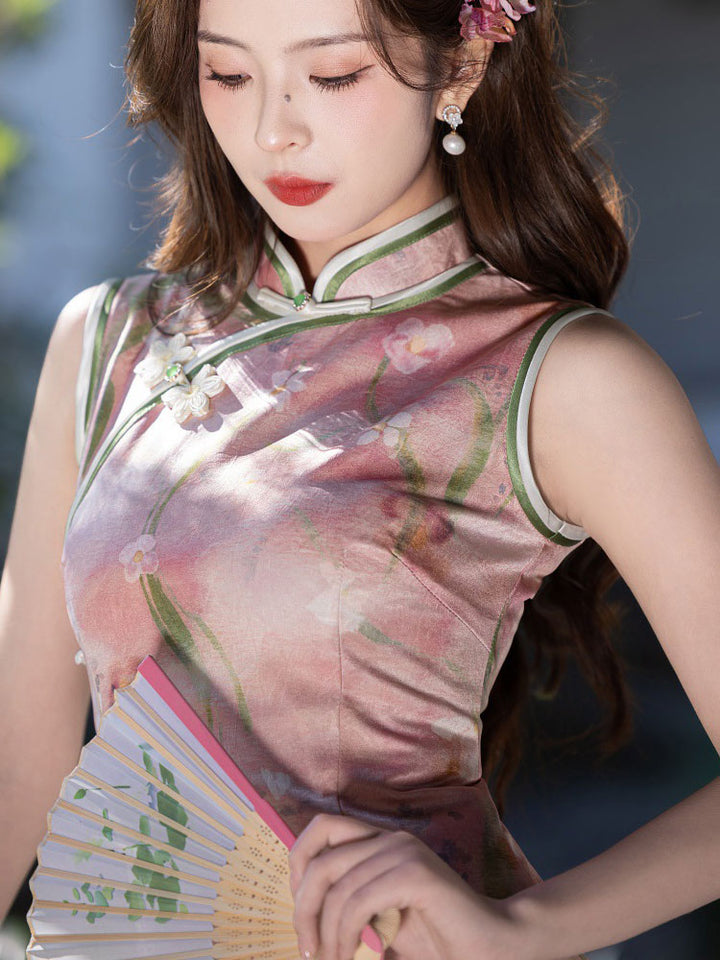 Pink Floral Print Maxi Cheongsam Qipao Dress