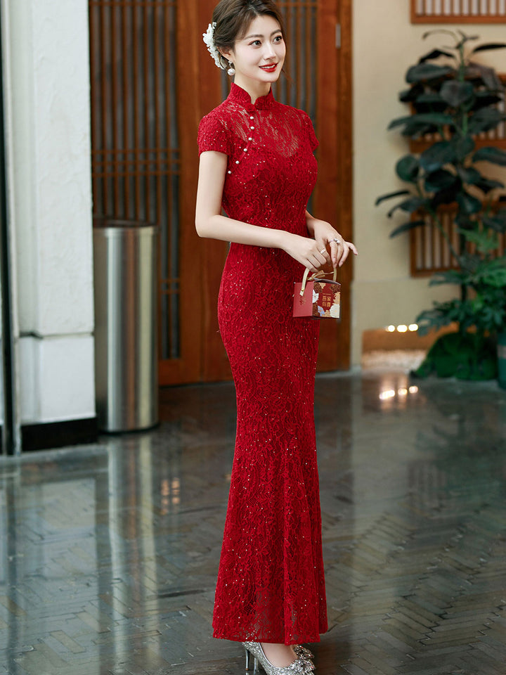 Red Shimmer Lace Fishtail Bridal Wedding Cheongsam Qipao Dress