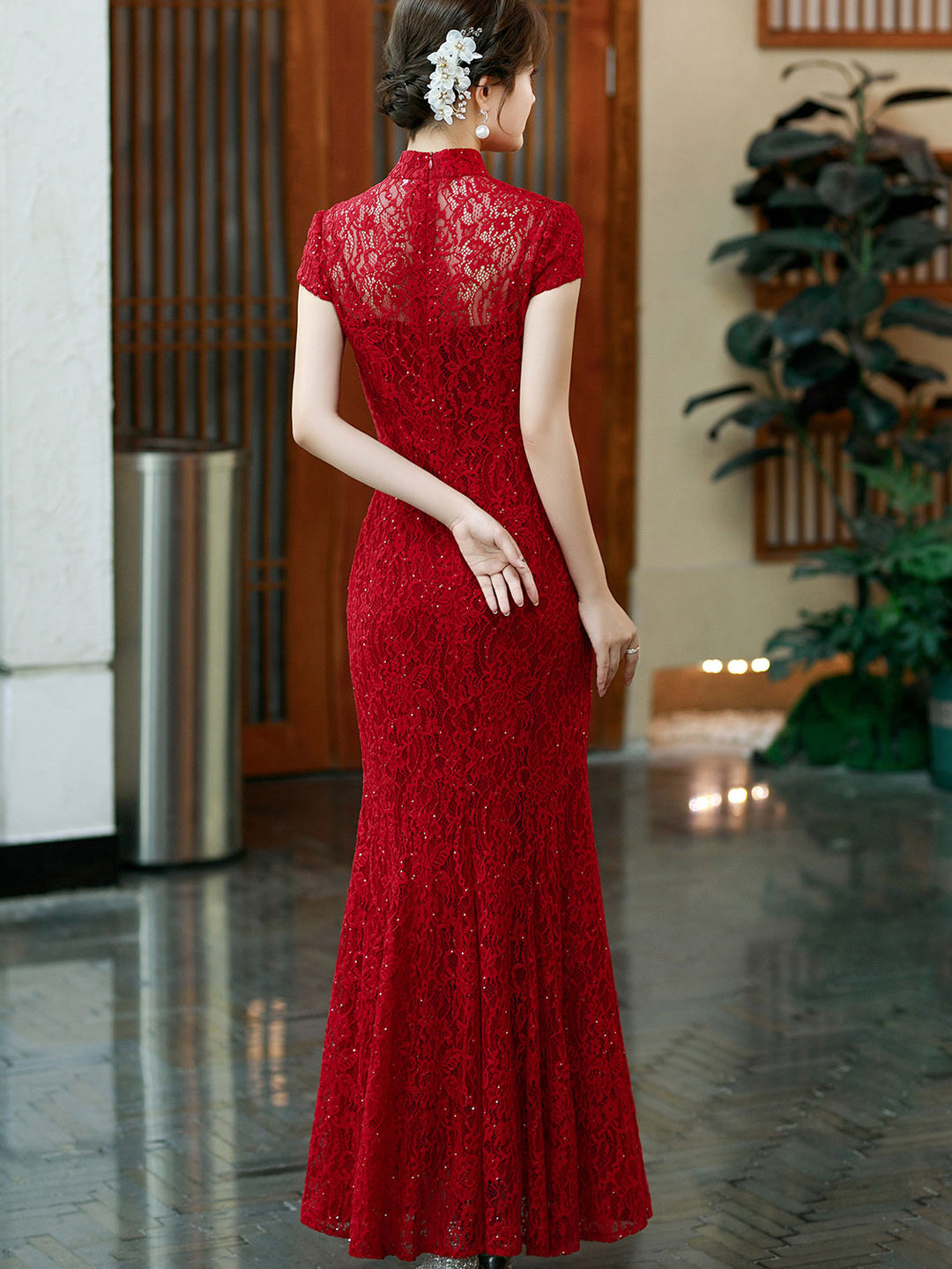 Red Shimmer Lace Fishtail Bridal Wedding Cheongsam Qipao Dress