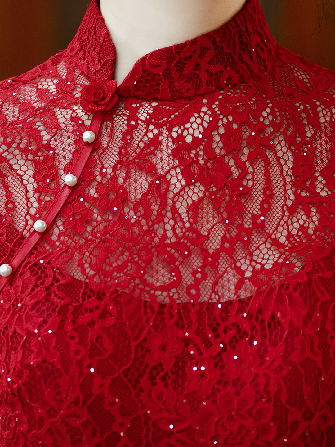 Red Shimmer Lace Fishtail Bridal Wedding Cheongsam Qipao Dress