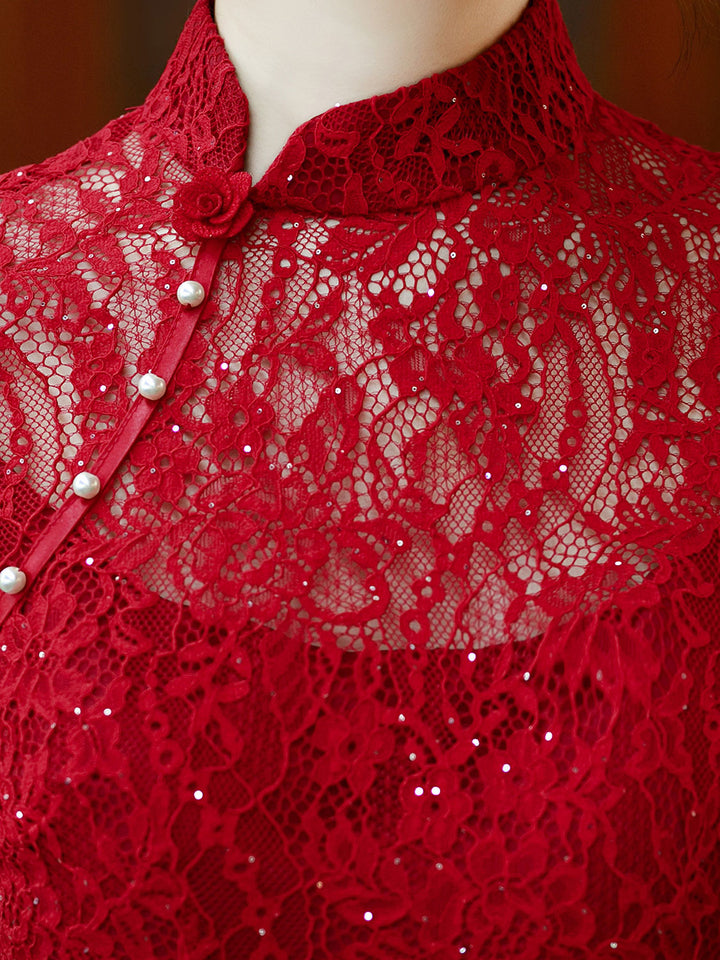 Red Shimmer Lace Fishtail Bridal Wedding Cheongsam Qipao Dress