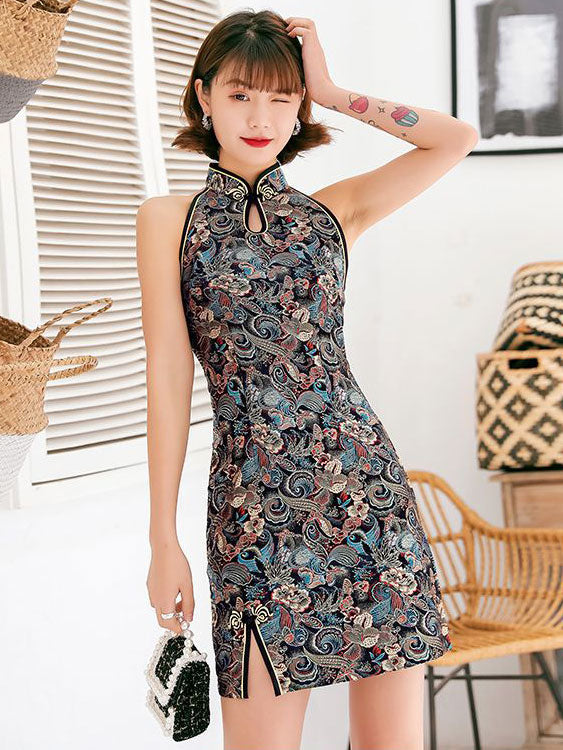 Halter Jacquard Phoenix Dragon Cheongsam Qipao Dress