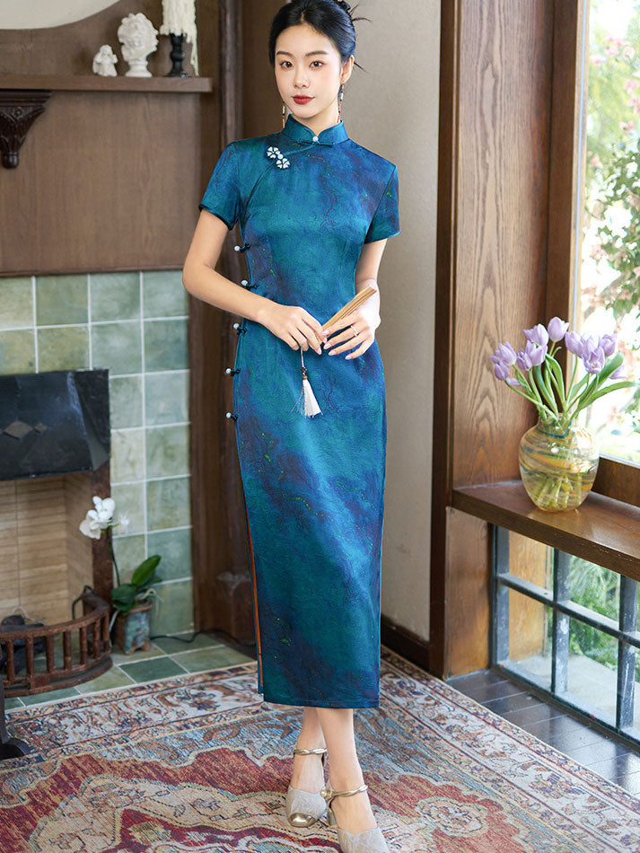 2026 Blue Print Silk Long Qipao Cheongsam Dress