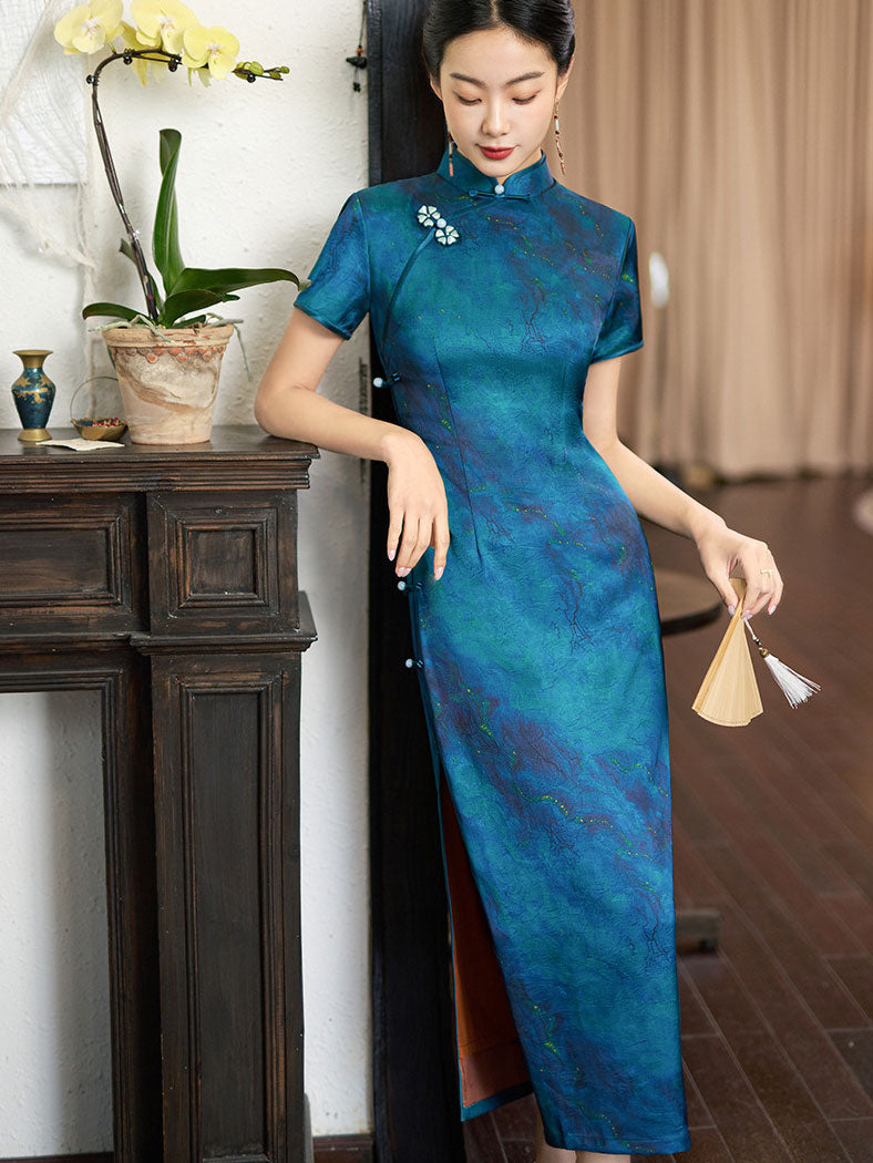 2026 Blue Print Silk Long Qipao Cheongsam Dress