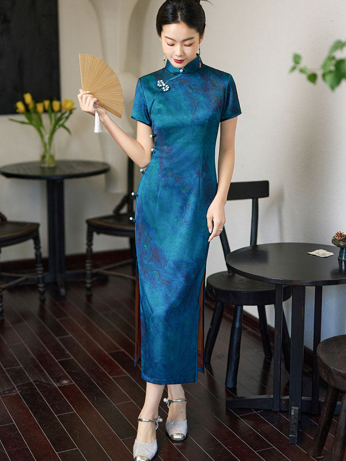 2026 Blue Print Silk Long Qipao Cheongsam Dress