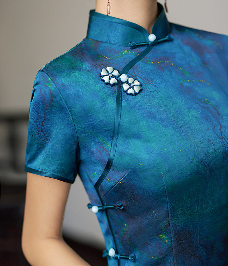 2026 Blue Print Silk Long Qipao Cheongsam Dress
