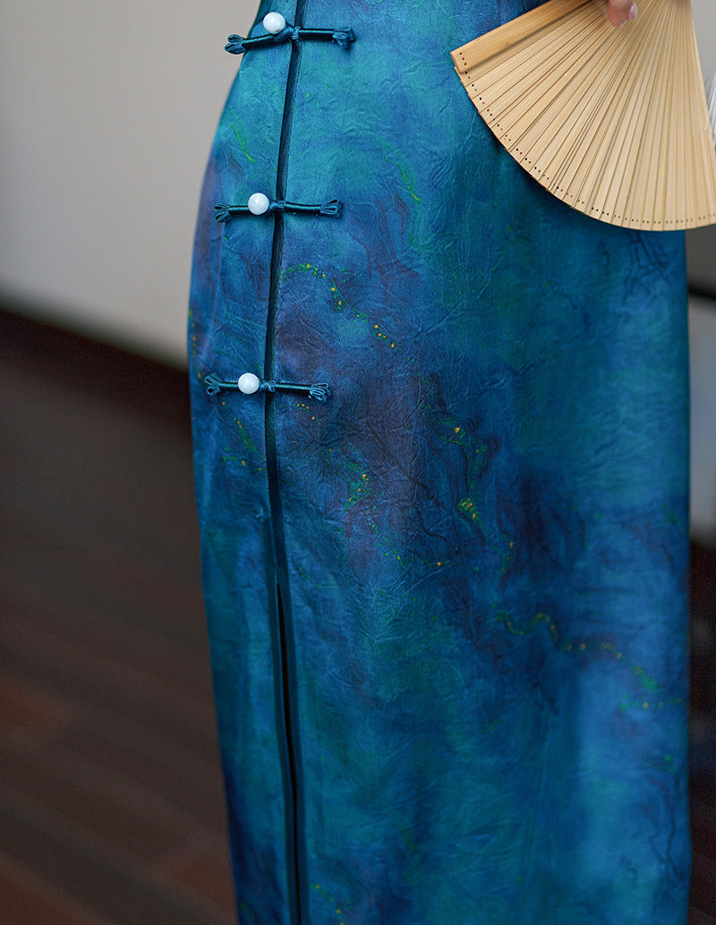 2026 Blue Print Silk Long Qipao Cheongsam Dress