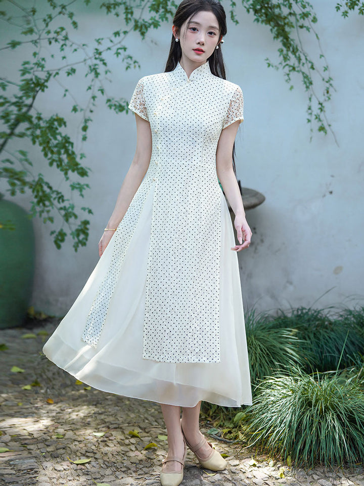 White Dots Lace A-Line Cheongsam Qipao Dress