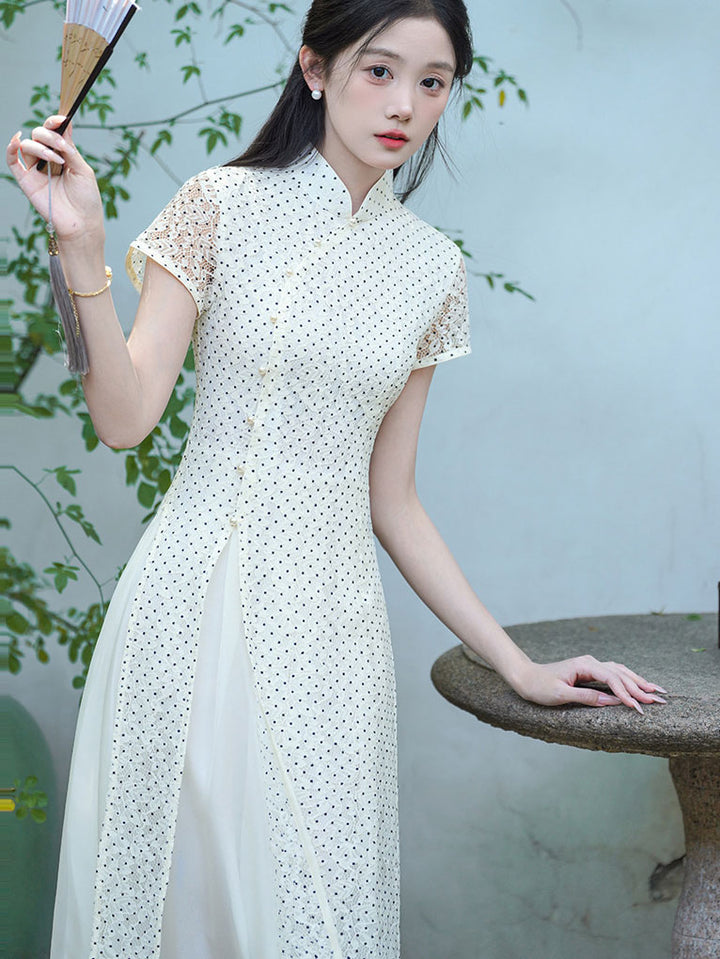 White Dots Lace A-Line Cheongsam Qipao Dress