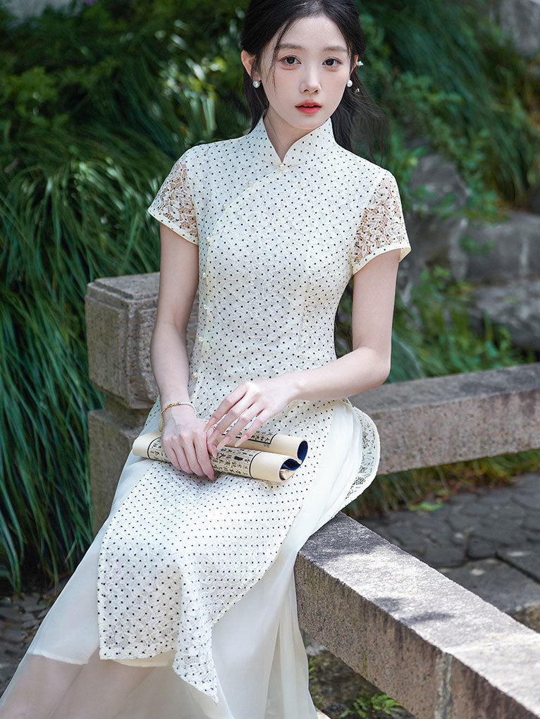 White Dots Lace A-Line Cheongsam Qipao Dress