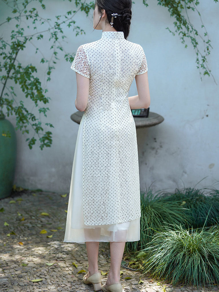 White Dots Lace A-Line Cheongsam Qipao Dress