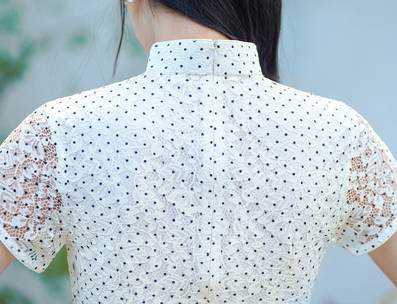 White Dots Lace A-Line Cheongsam Qipao Dress