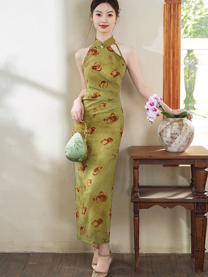 Purple Green Floral Halter Cheongsam Qipao Dress