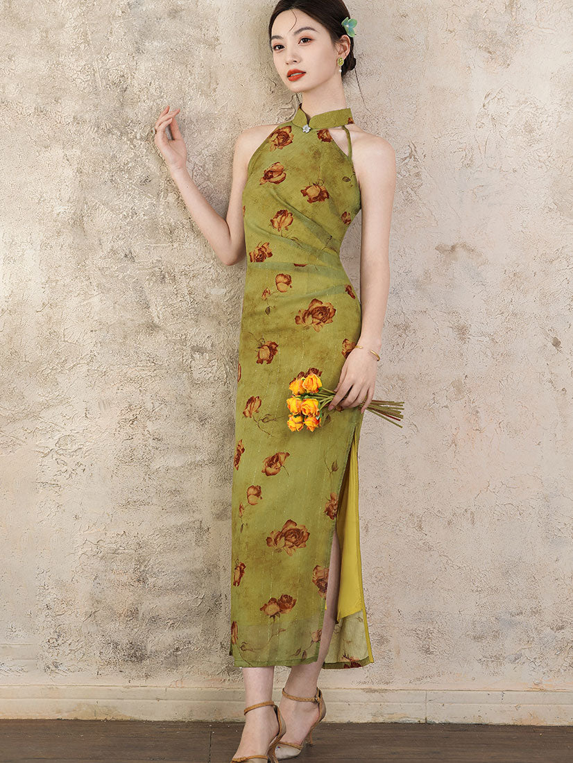 Purple Green Floral Halter Cheongsam Qipao Dress