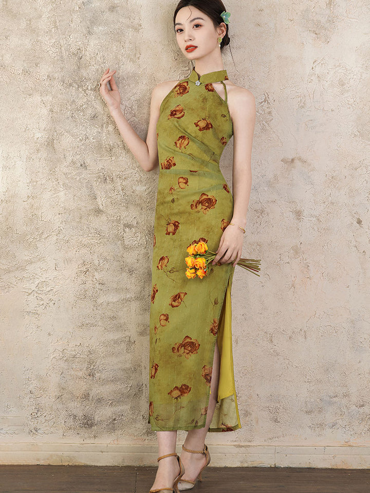 Purple Green Floral Halter Cheongsam Qipao Dress