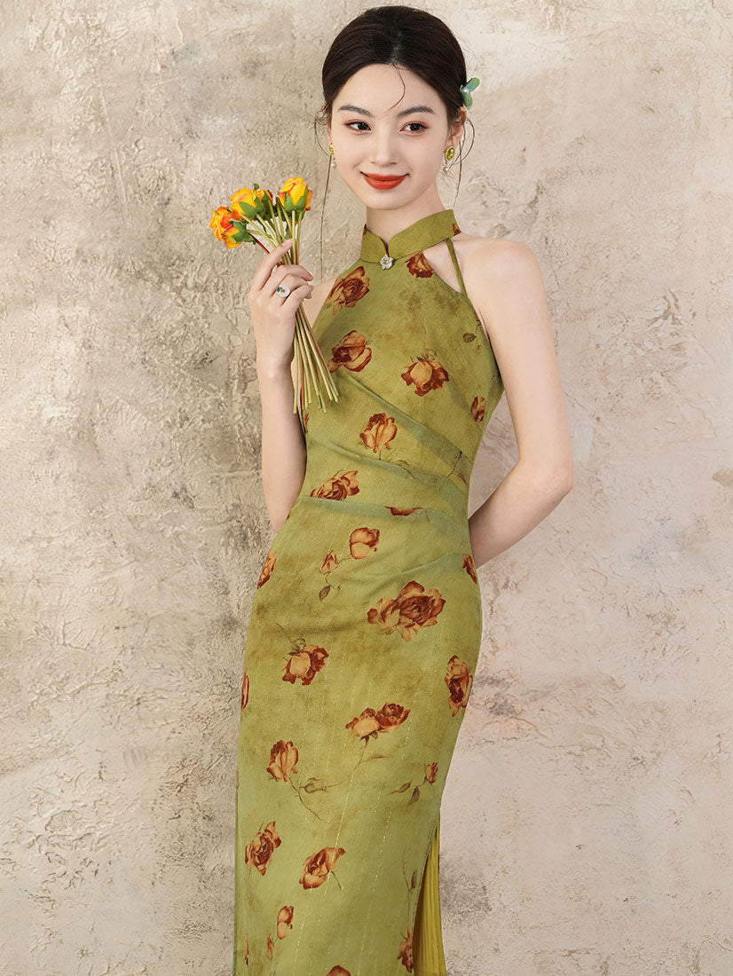 Purple Green Floral Halter Cheongsam Qipao Dress
