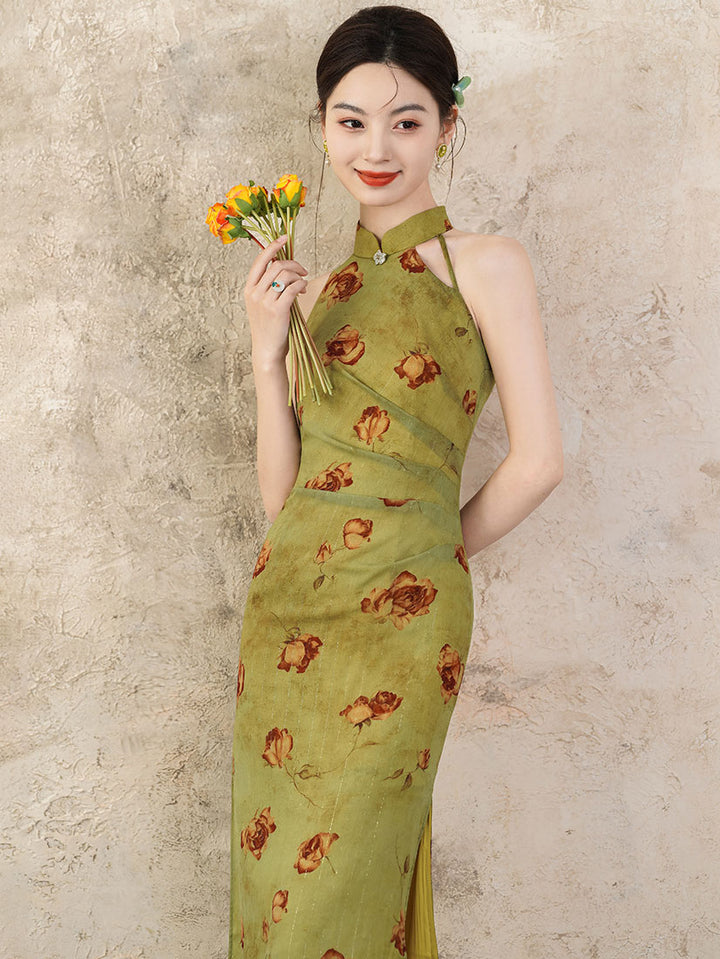 Purple Green Floral Halter Cheongsam Qipao Dress