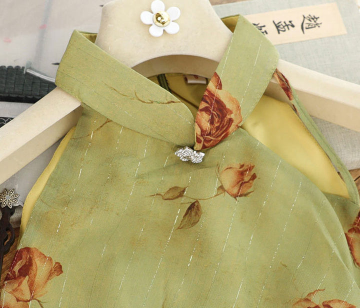 Purple Green Floral Halter Cheongsam Qipao Dress