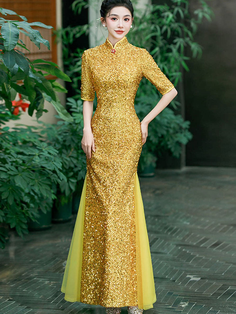 Gold Silver Sequins Long Cheongsam Qipao Dress