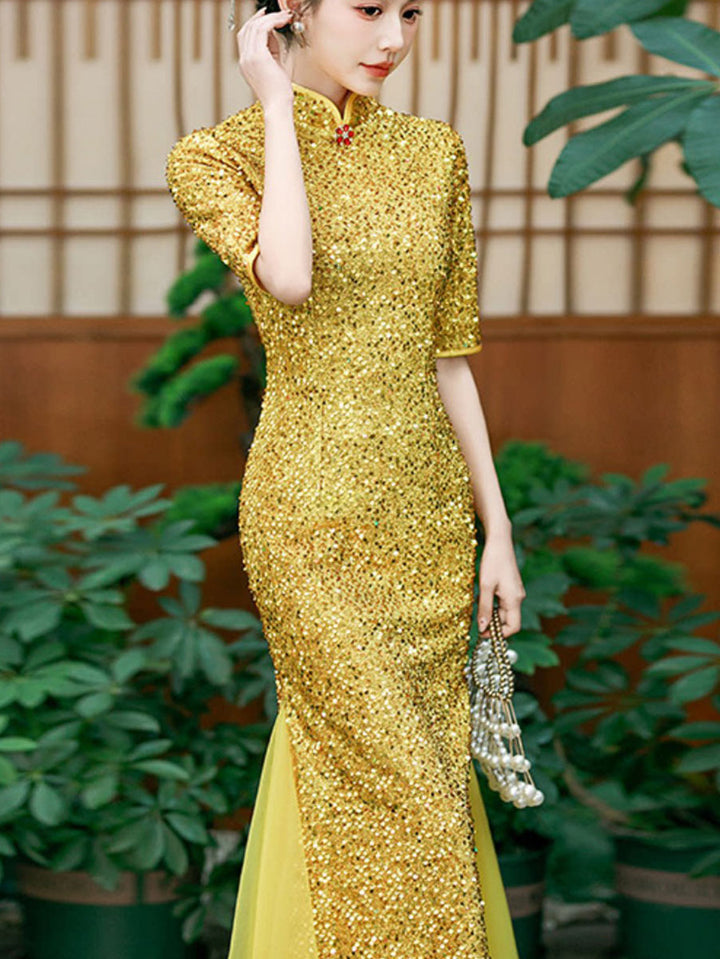 Gold Silver Sequins Long Cheongsam Qipao Dress