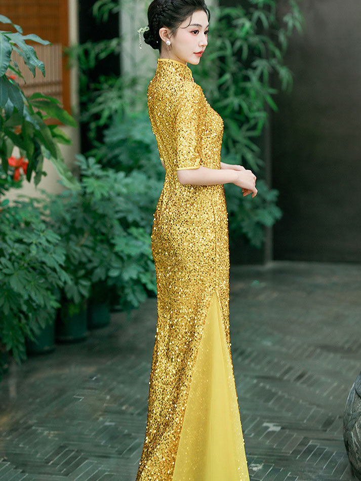 Gold Silver Sequins Long Cheongsam Qipao Dress