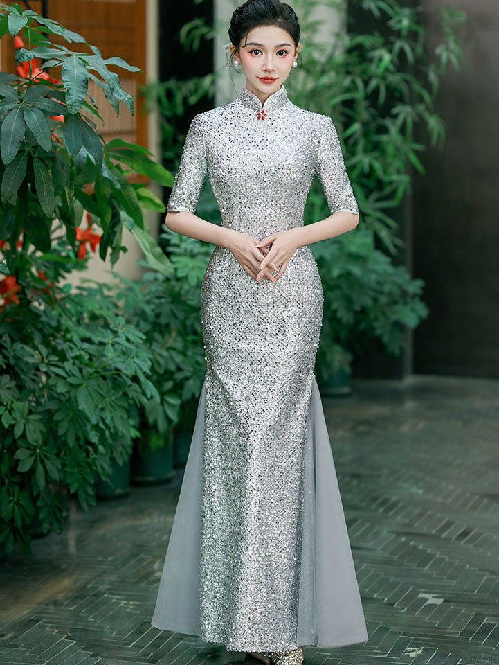 Gold Silver Sequins Long Cheongsam Qipao Dress