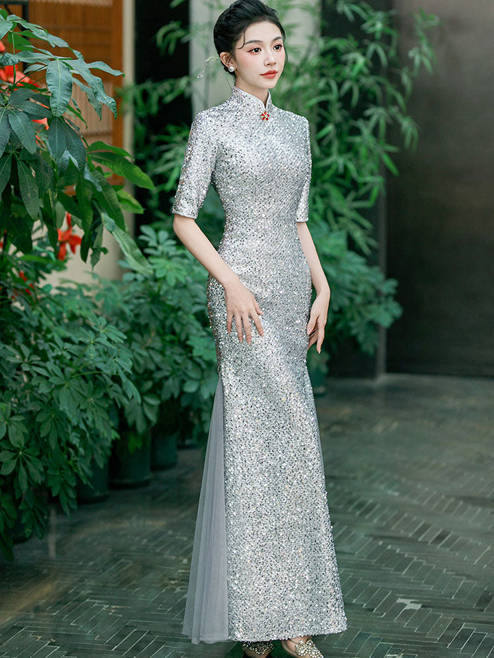 Gold Silver Sequins Long Cheongsam Qipao Dress