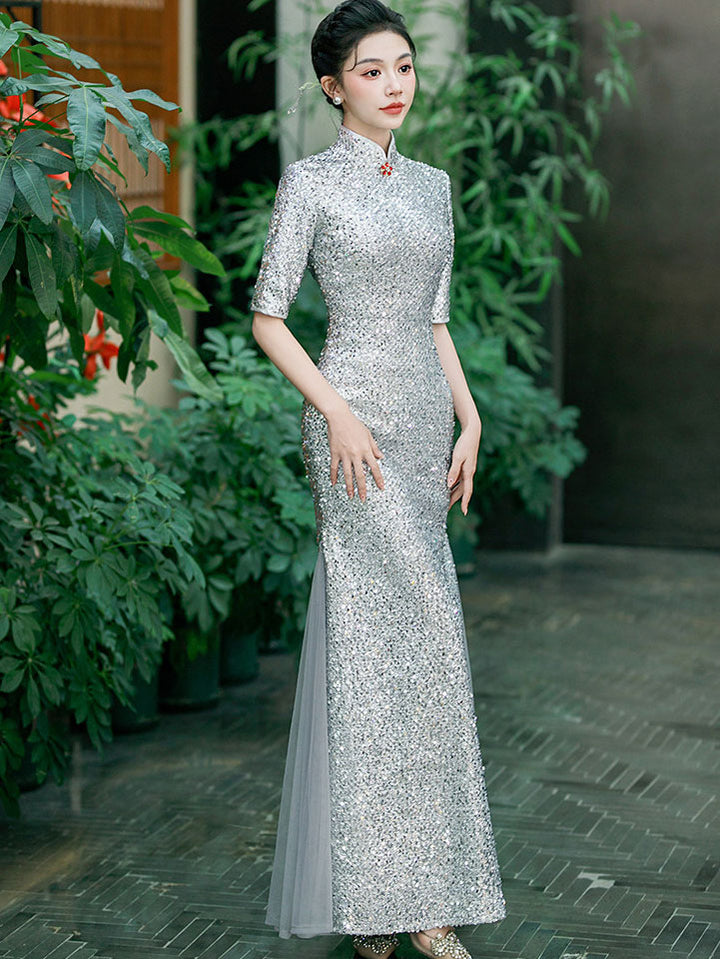 Gold Silver Sequins Long Cheongsam Qipao Dress