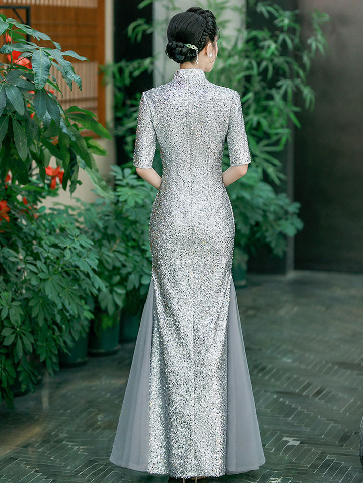 Gold Silver Sequins Long Cheongsam Qipao Dress