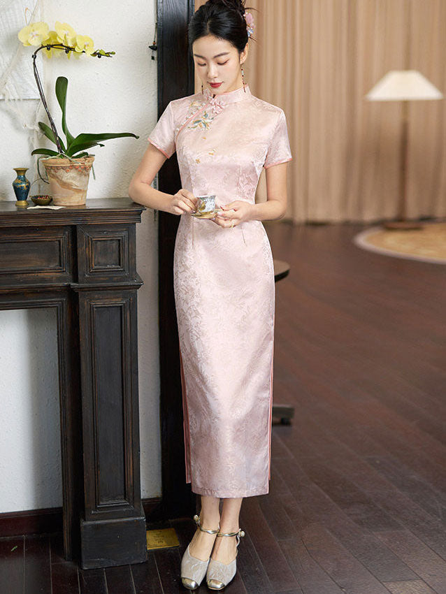 Pink Yellow Jacquard Floral Cheongsam Qipao Dress
